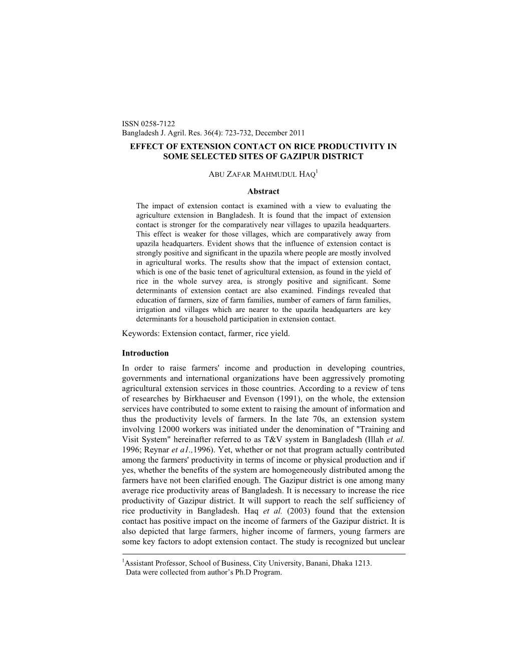 Effect of Extension Contact on Rice Productivity in Some Selected Sites of Gazipur District