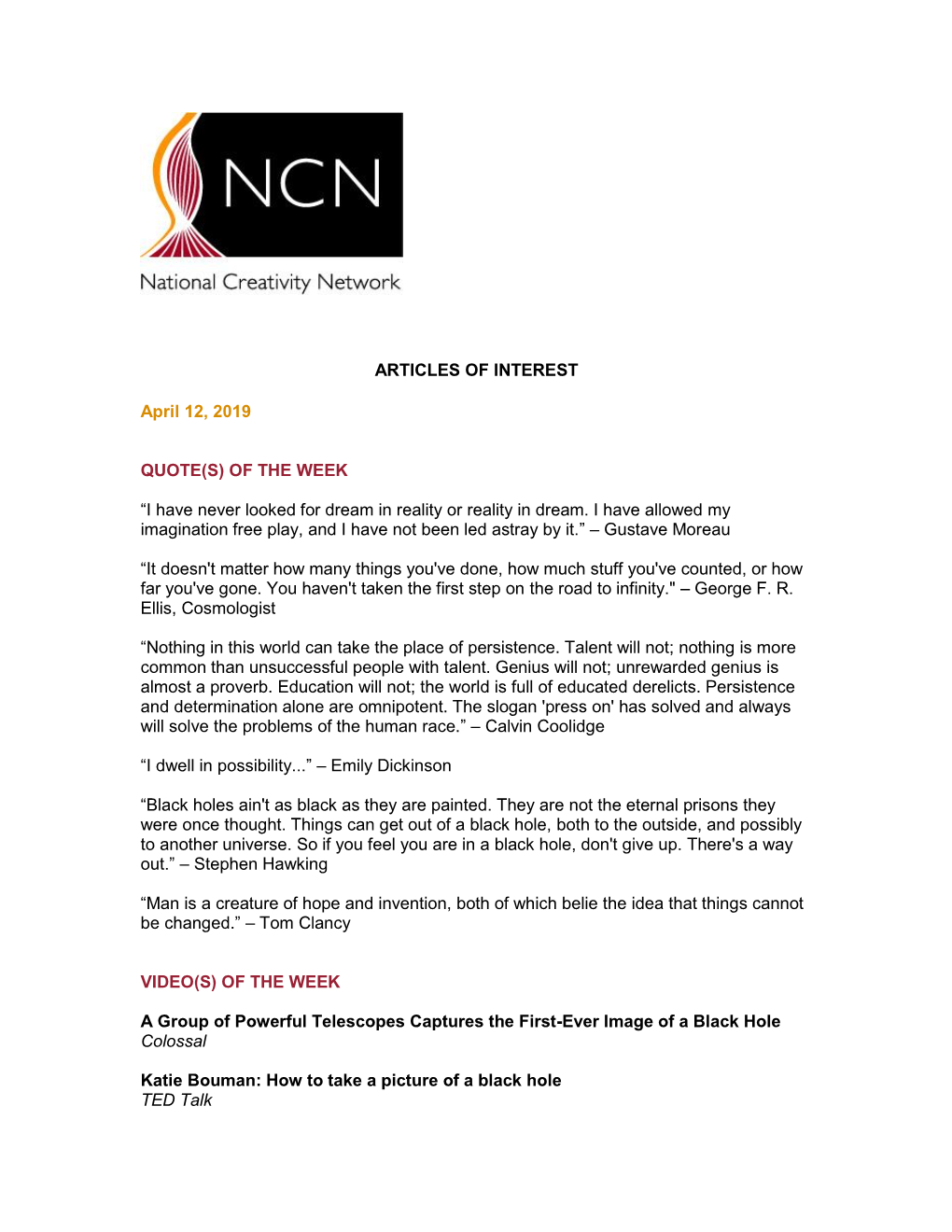 NCN Articles of Interest | April 12, 2019