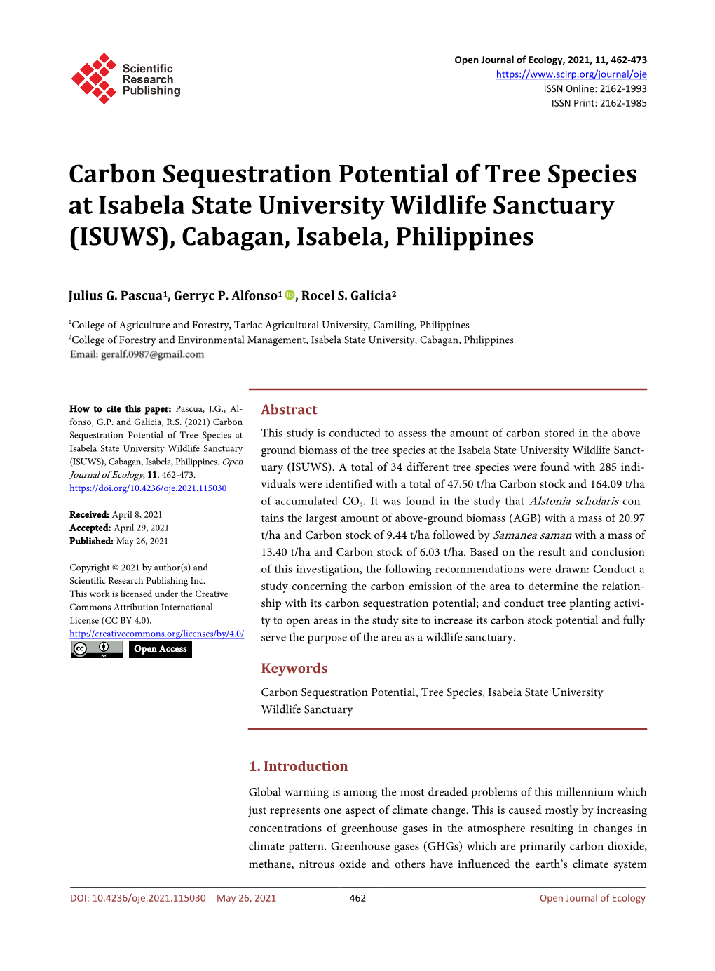 Carbon Sequestration Potential of Tree Species at Isabela State University Wildlife Sanctuary (ISUWS), Cabagan, Isabela, Philippines