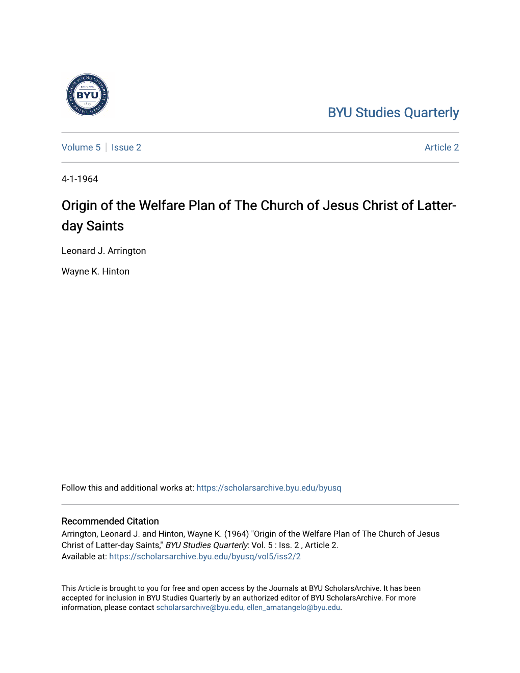 Origin of the Welfare Plan of the Church of Jesus Christ of Latter- Day Saints