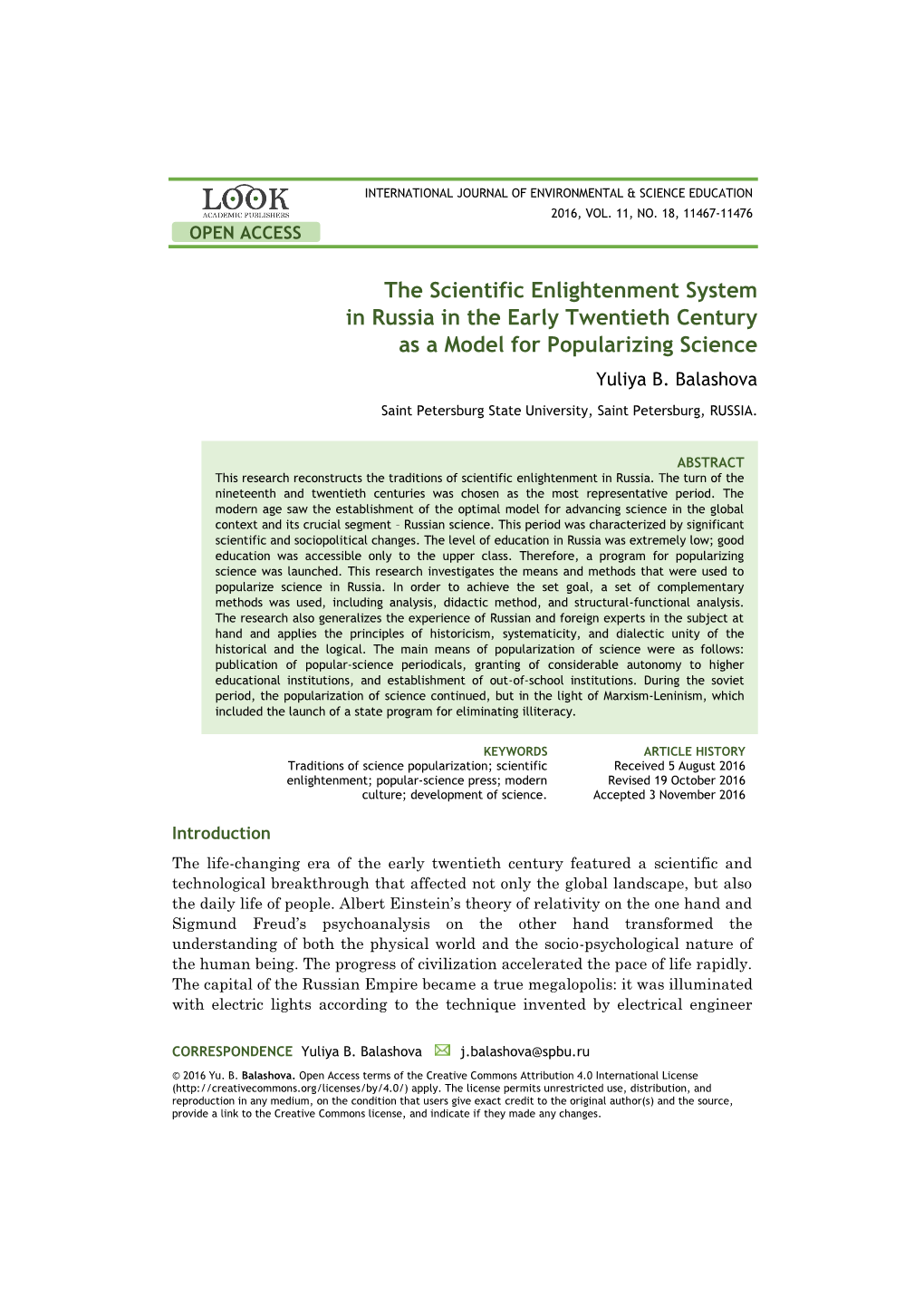 The Scientific Enlightenment System in Russia in the Early Twentieth Century As a Model for Popularizing Science Yuliya B