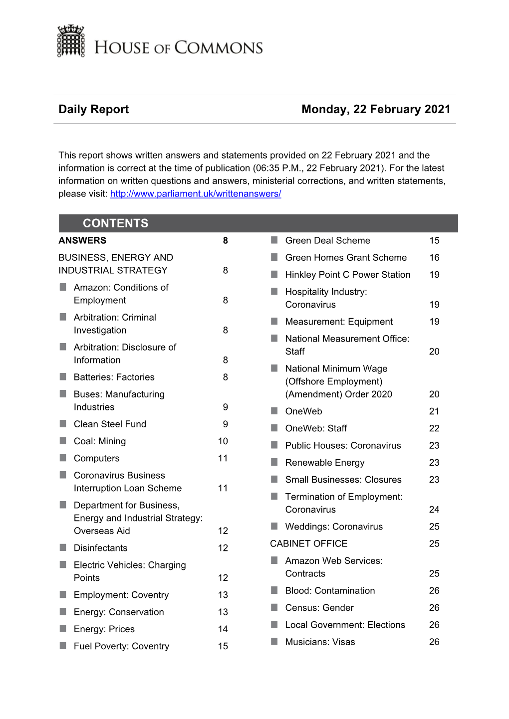 Daily Report Monday, 22 February 2021 CONTENTS