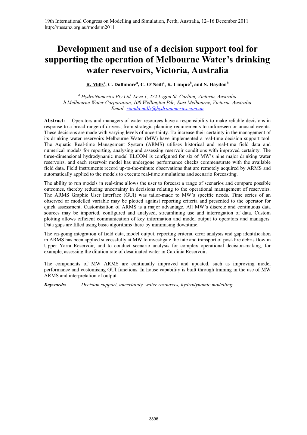 Development and Use of a Decision Support Tool for Supporting the Operation of Melbourne Water’S Drinking Water Reservoirs, Victoria, Australia
