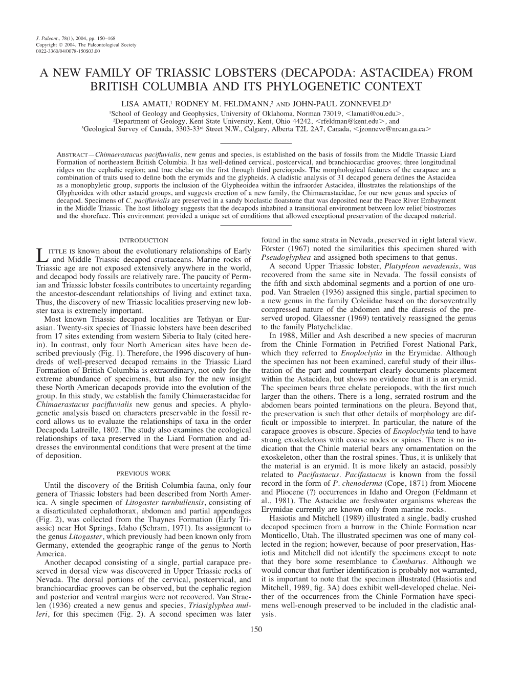 A New Family of Triassic Lobsters (Decapoda: Astacidea) from British Columbia and Its Phylogenetic Context