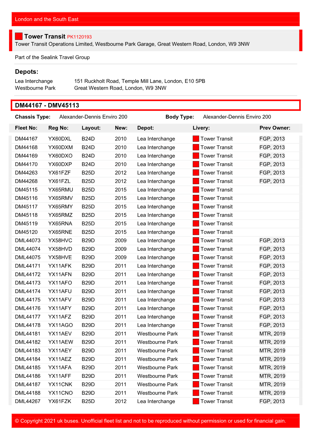 Tower Transit PK1120193 Tower Transit Operations Limited, Westbourne Park Garage, Great Western Road, London, W9 3NW