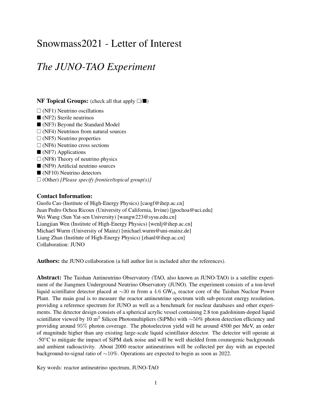 Letter of Interest the JUNO-TAO Experiment