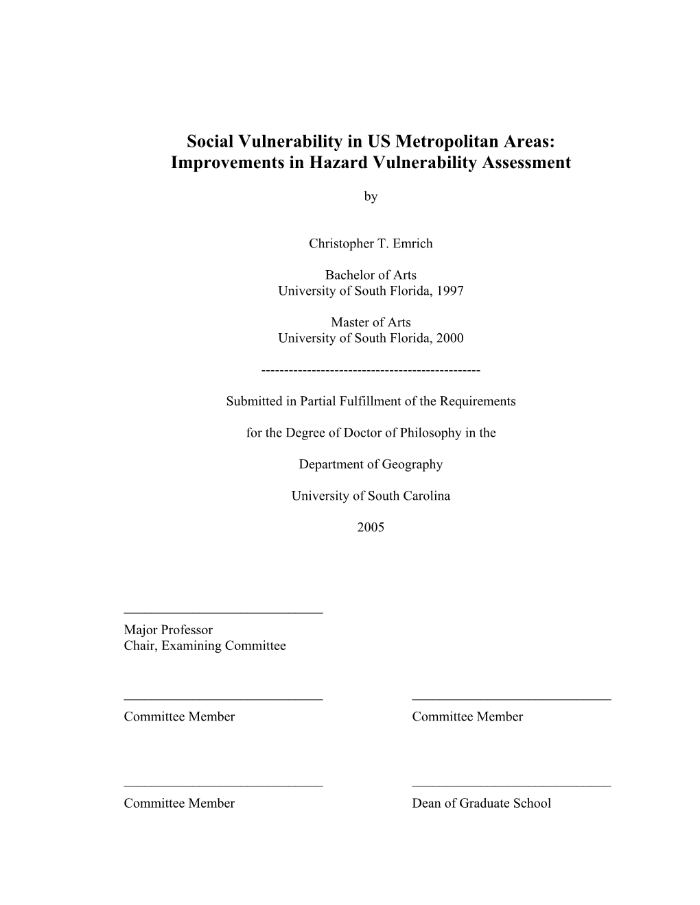 Social Vulnerability in US Metropolitan Areas: Improvements in Hazard Vulnerability Assessment