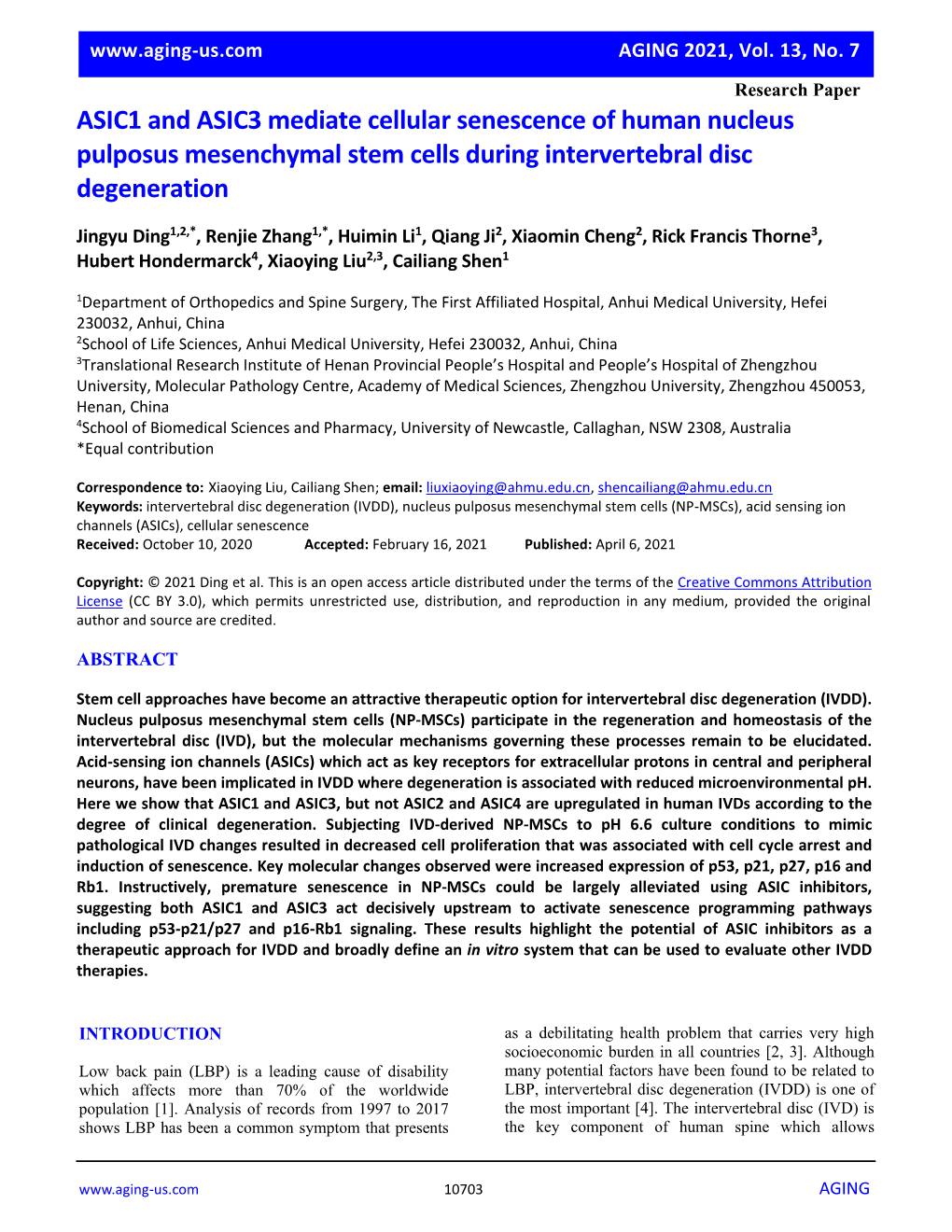 ASIC1 and ASIC3 Mediate Cellular Senescence of Human Nucleus Pulposus Mesenchymal Stem Cells During Intervertebral Disc Degeneration