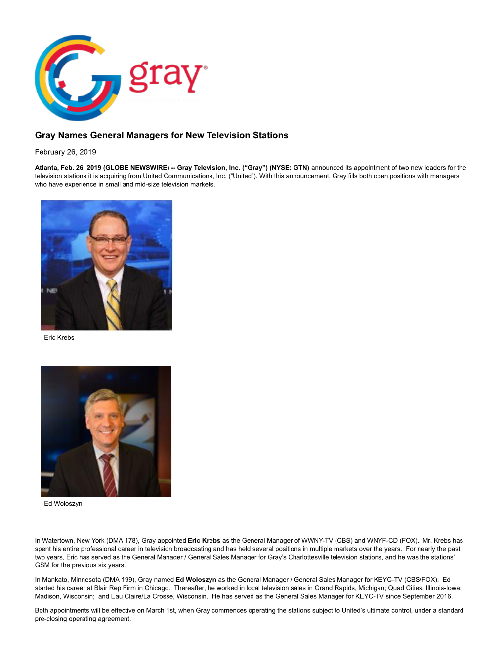 Gray Names General Managers for New Television Stations