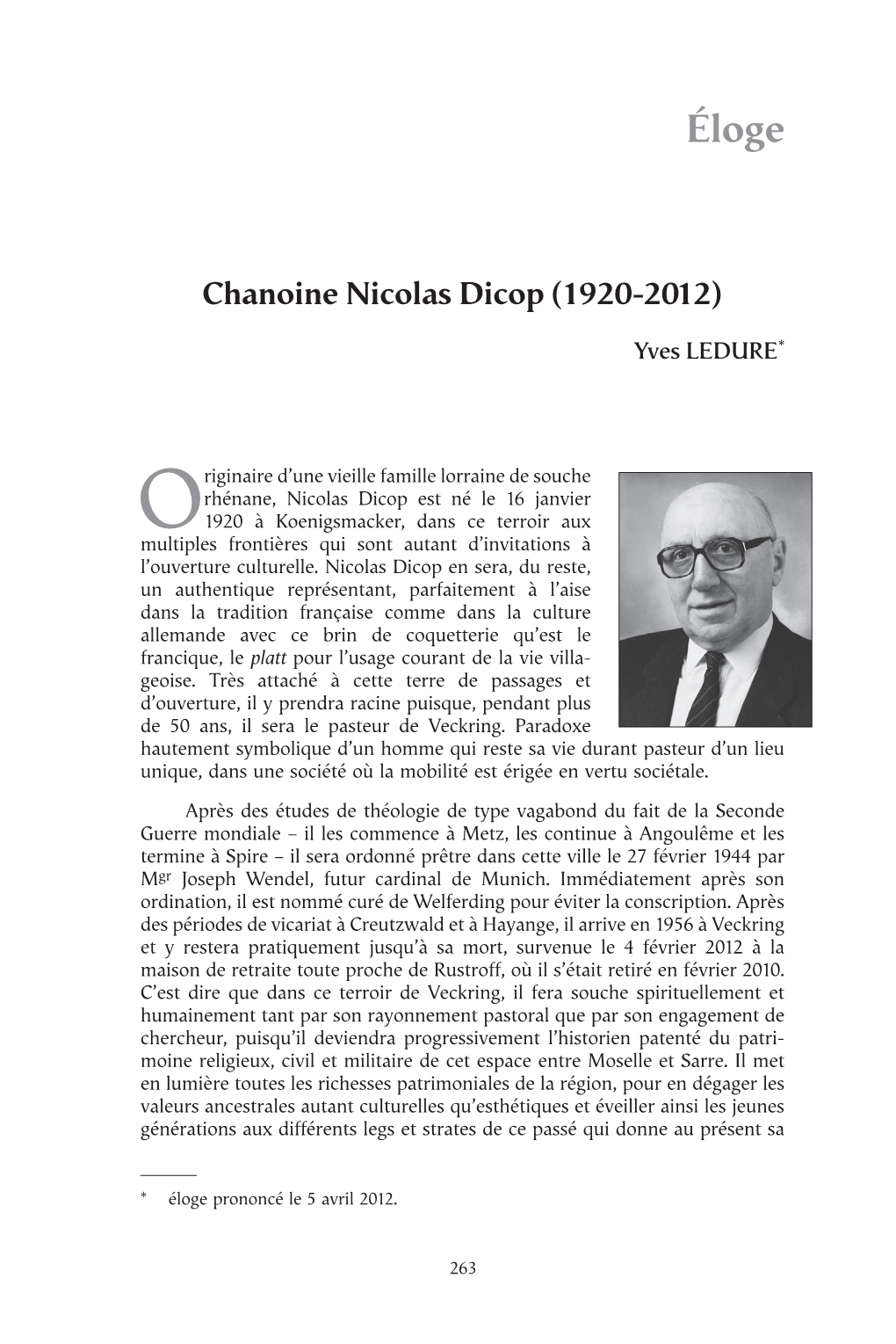 Chanoine Nicolas Dicop (1920-2012)