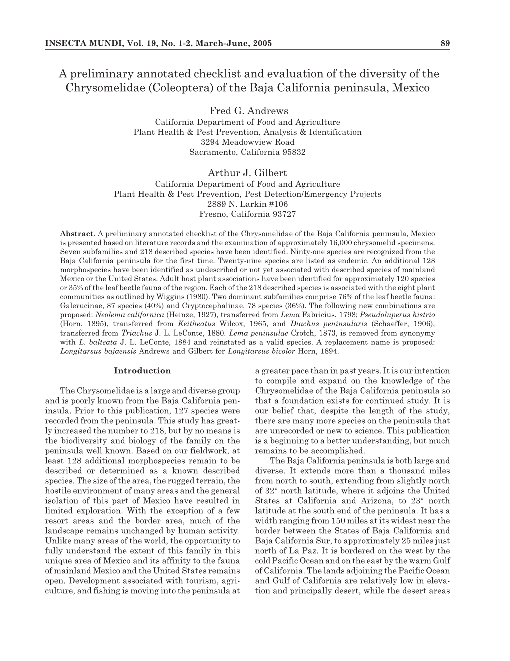 A Preliminary Annotated Checklist and Evaluation of the Diversity of the Chrysomelidae (Coleoptera) of the Baja California Peninsula, Mexico