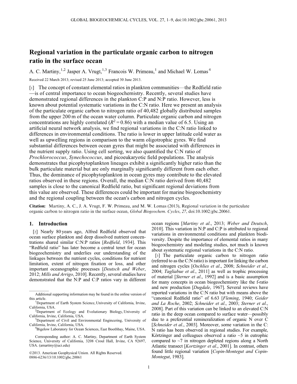 Regional Variation in the Particulate Organic Carbon to Nitrogen Ratio in the Surface Ocean A