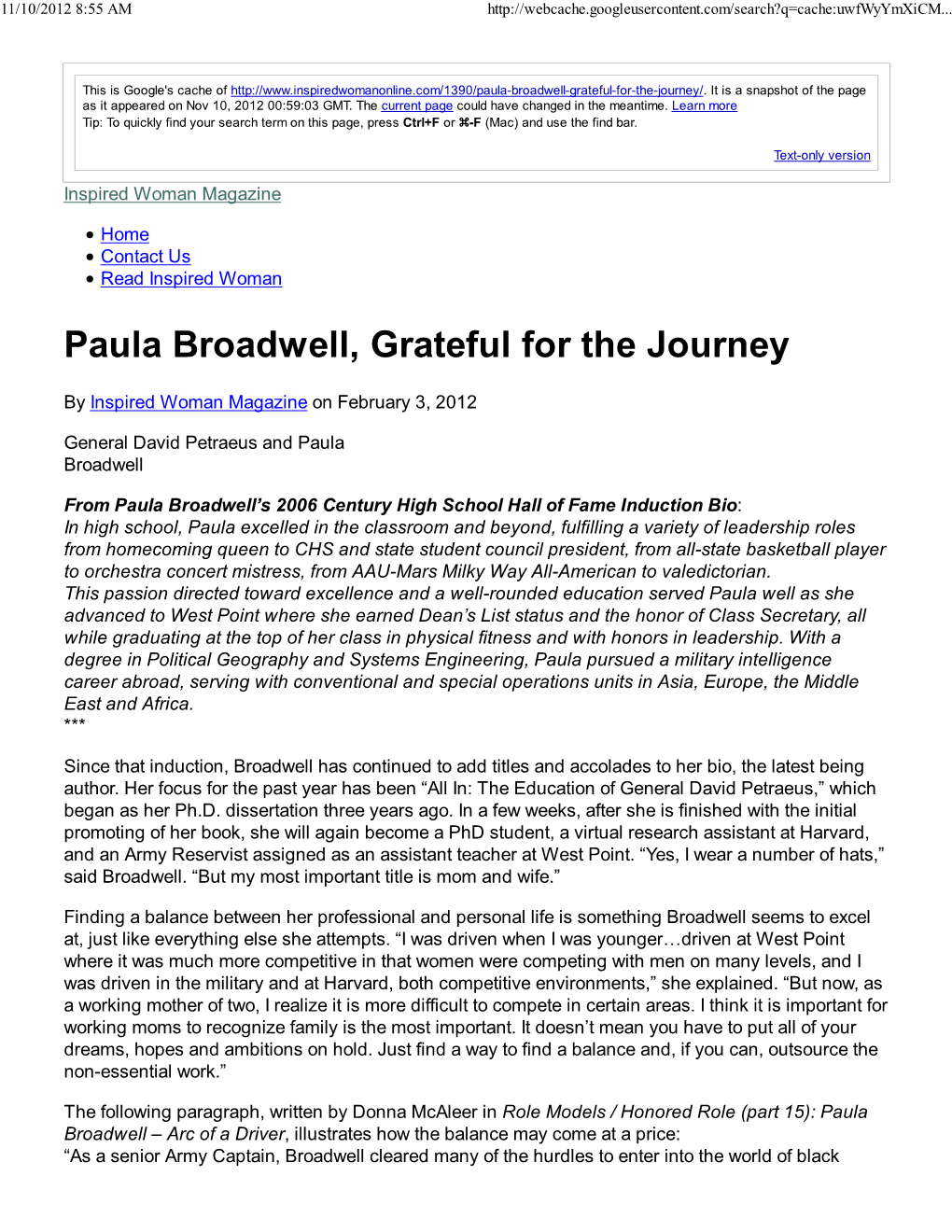 Paula Broadwell, Grateful for the Journey