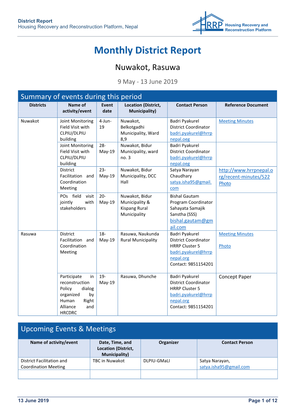 Monthly District Report