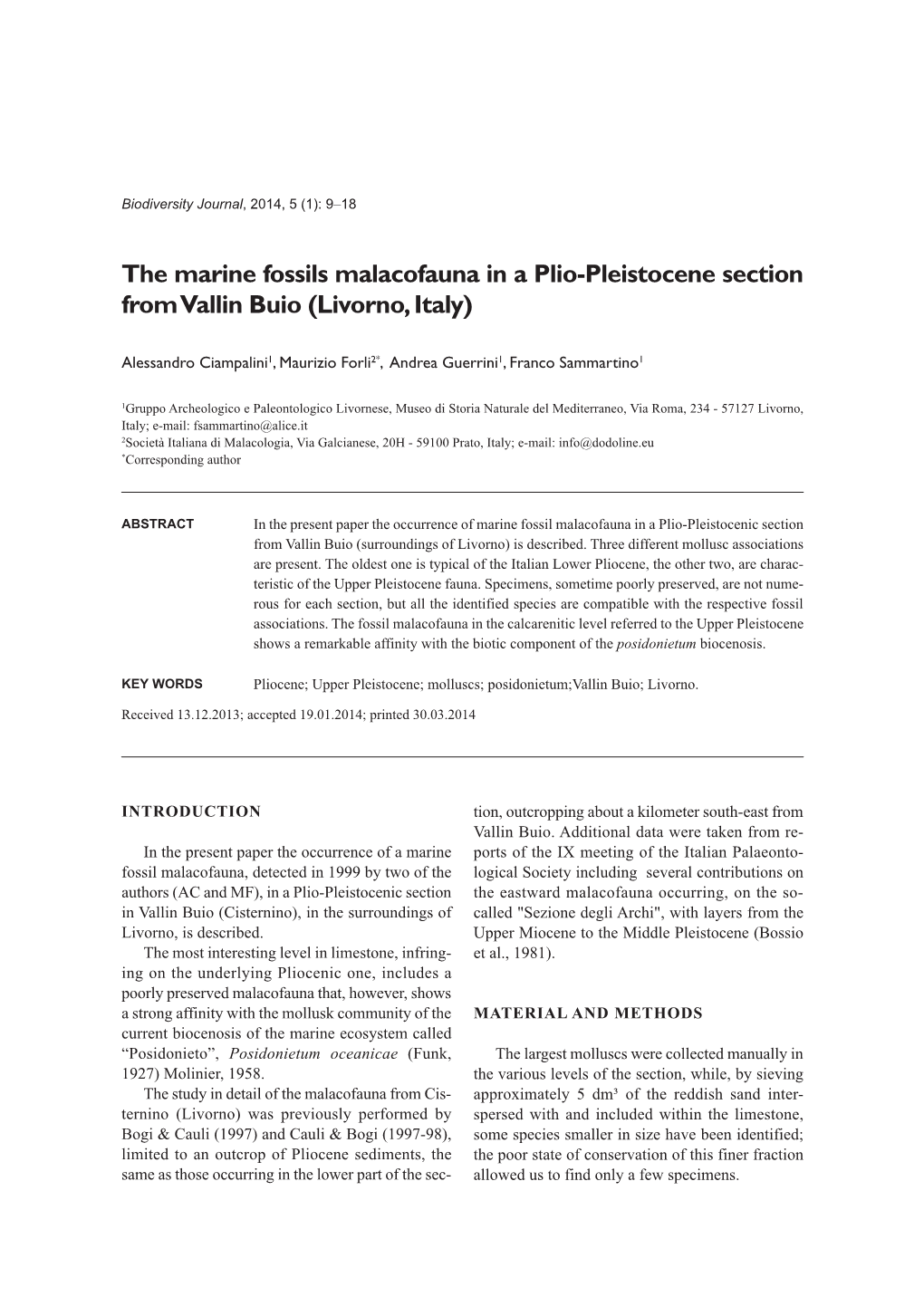 The Marine Fossils Malacofauna in a Plio-Pleistocene Section from Vallin Buio (Livorno, Italy)