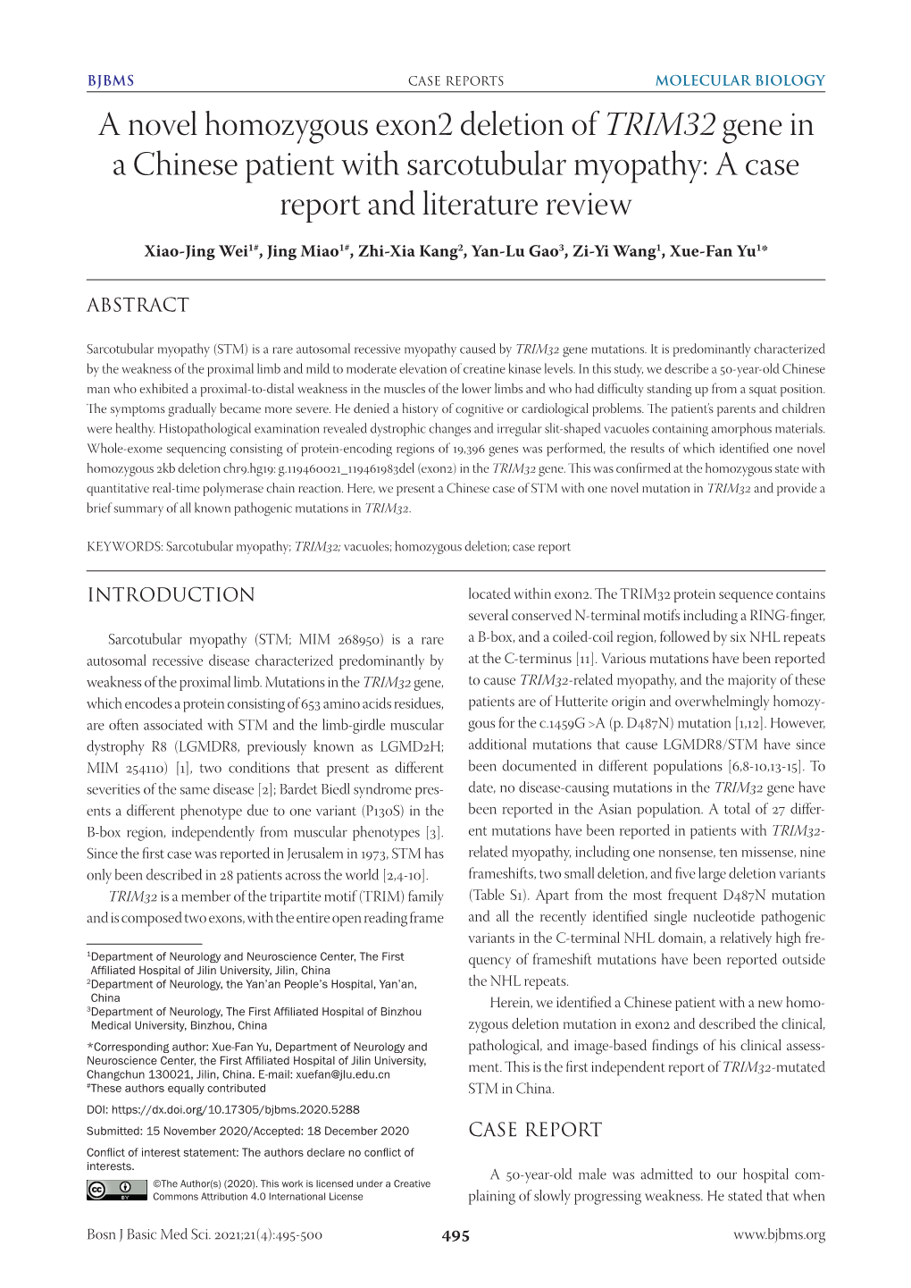 A Novel Homozygous Exon2 Deletion of TRIM32 Gene in a Chinese Patient with Sarcotubular Myopathy: a Case Report and Literature Review