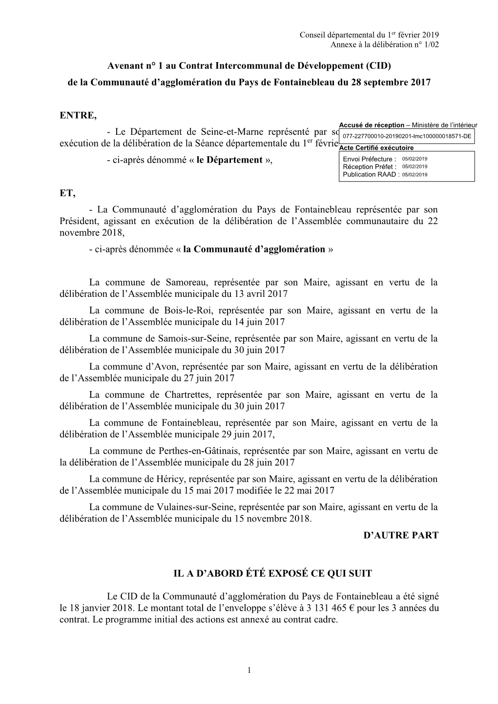 Avenant N° 1 Au Contrat Intercommunal De Développement (CID) De La Communauté D’Agglomération Du Pays De Fontainebleau Du 28 Septembre 2017