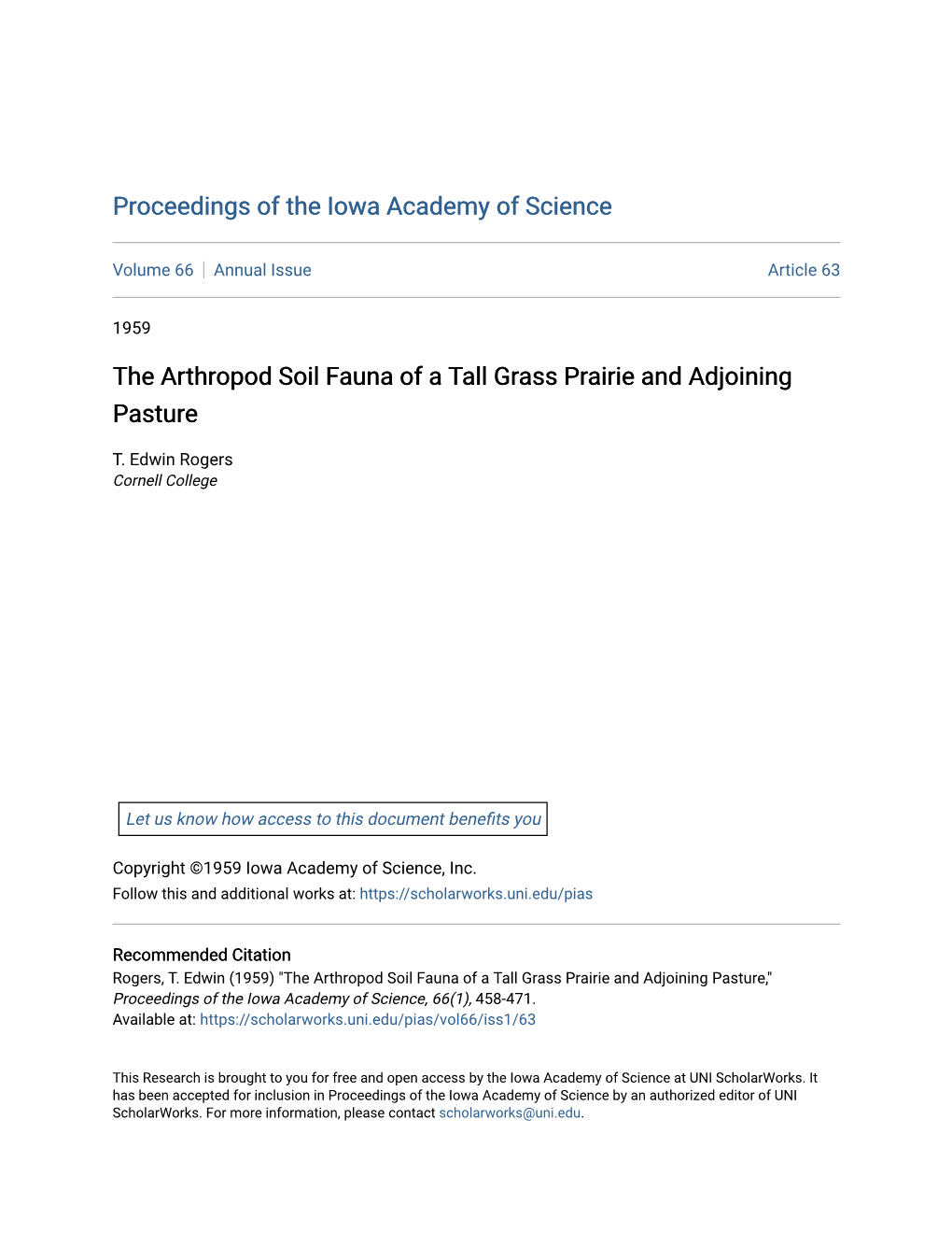 The Arthropod Soil Fauna of a Tall Grass Prairie and Adjoining Pasture