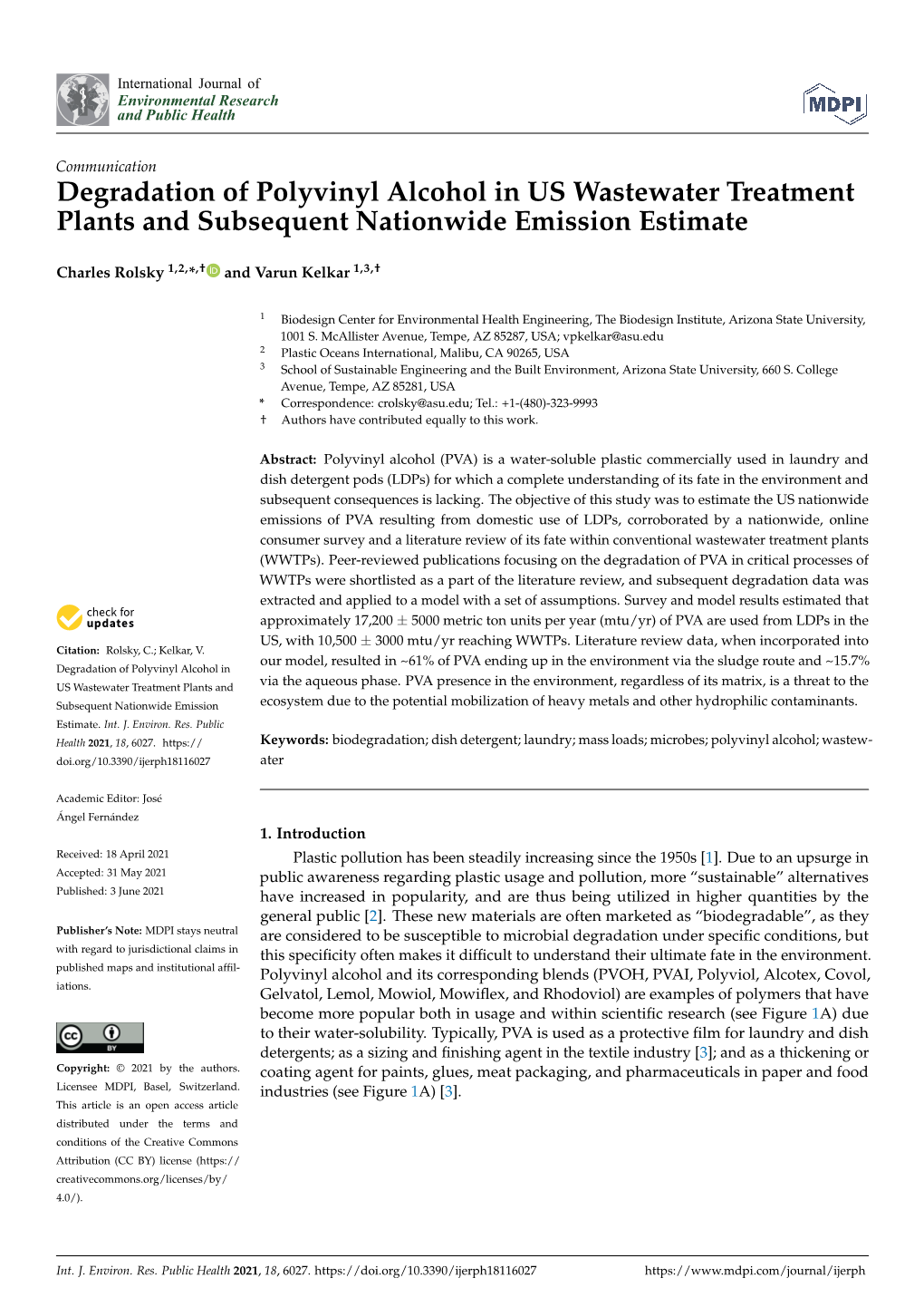 Degradation of Polyvinyl Alcohol in US Wastewater Treatment Plants and Subsequent Nationwide Emission Estimate