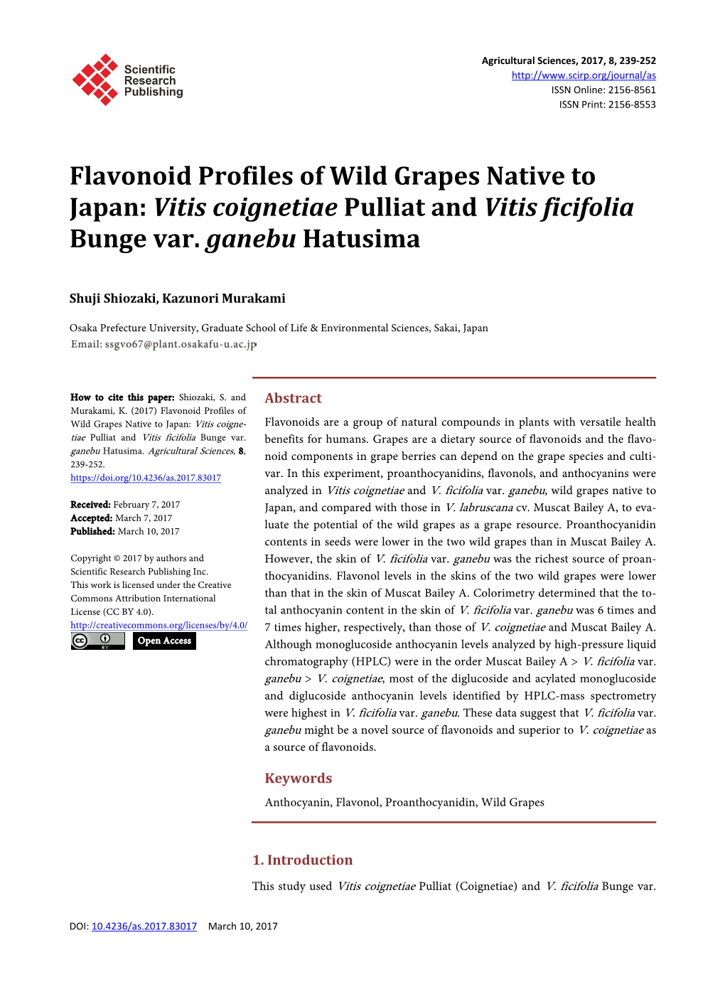 Flavonoid Profiles of Wild Grapes Native to Japan: Vitis Coignetiae Pulliat and Vitis Ficifolia Bunge Var