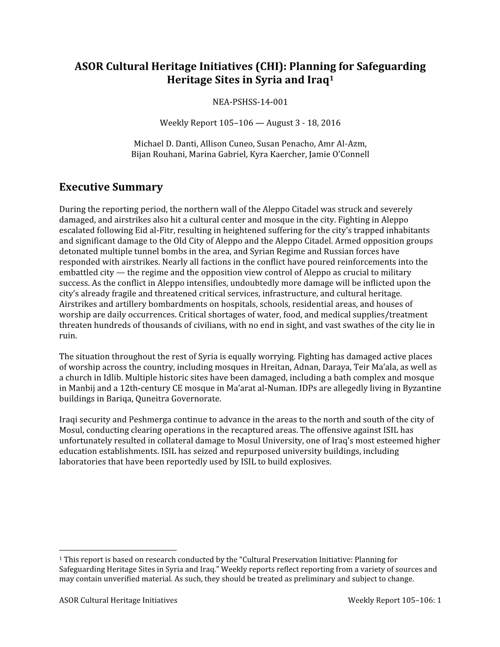 (CHI): Planning for Safeguarding Heritage Sites in Syria and Iraq1