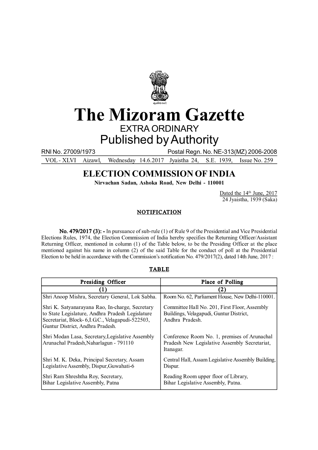 The Mizoram Gazette EXTRA ORDINARY Published by Authority RNI No