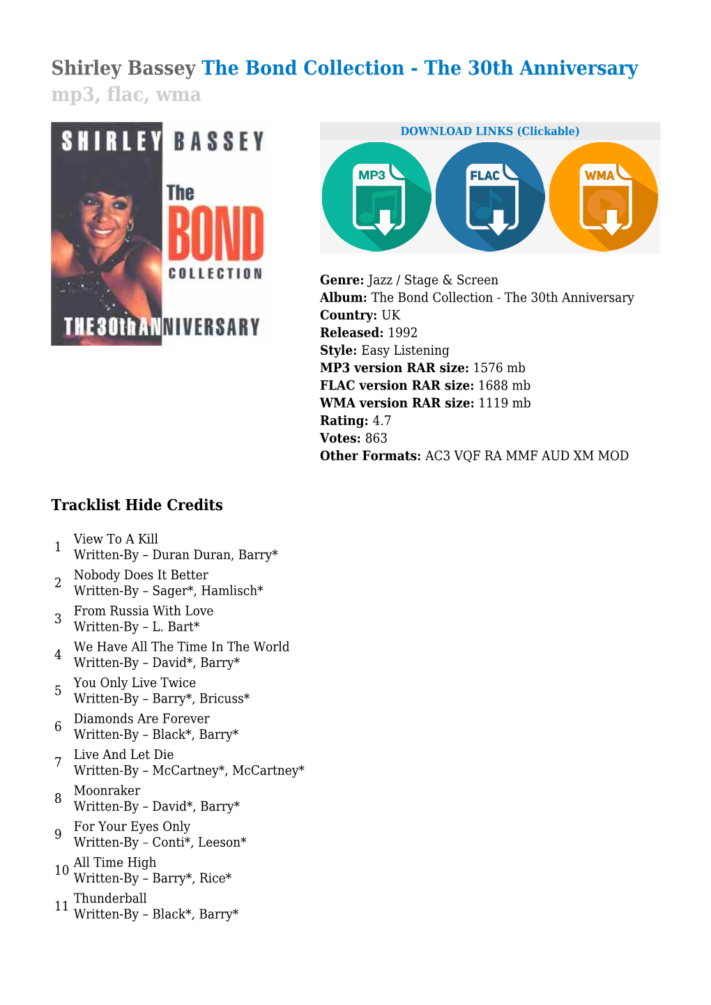 Shirley Bassey the Bond Collection - the 30Th Anniversary Mp3, Flac, Wma