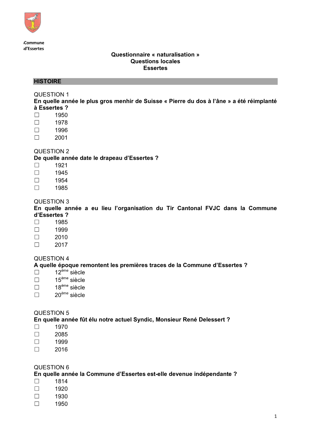 Questions Locales Essertes HISTOIRE QUESTION 1 En Quelle Année Le