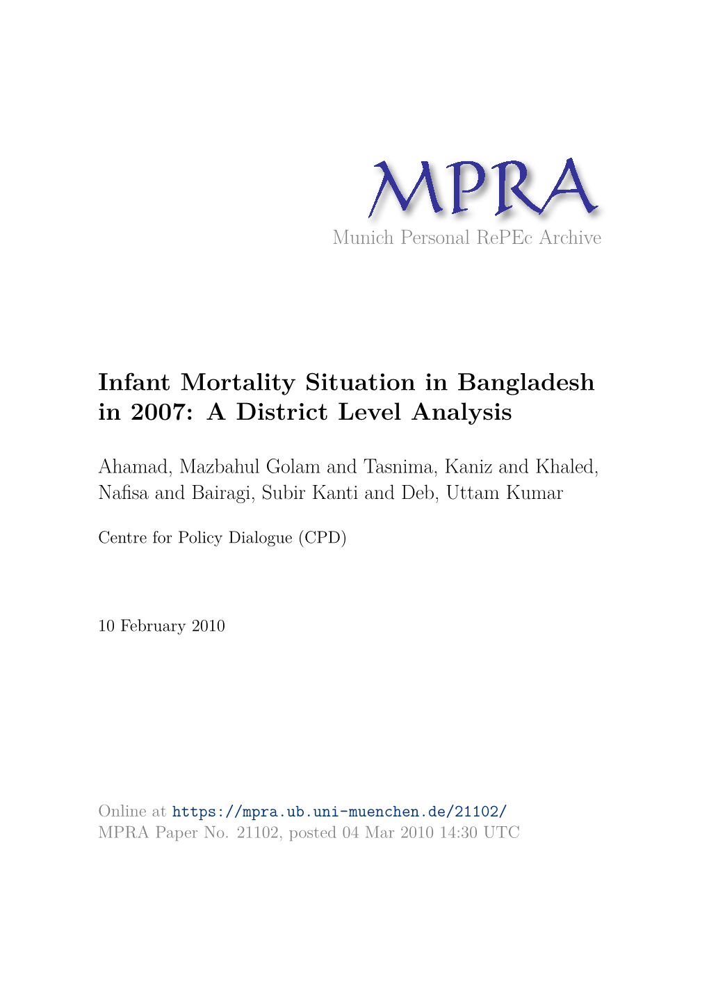 Infant Mortality Situation in Bangladesh in 2007: a District Level Analysis