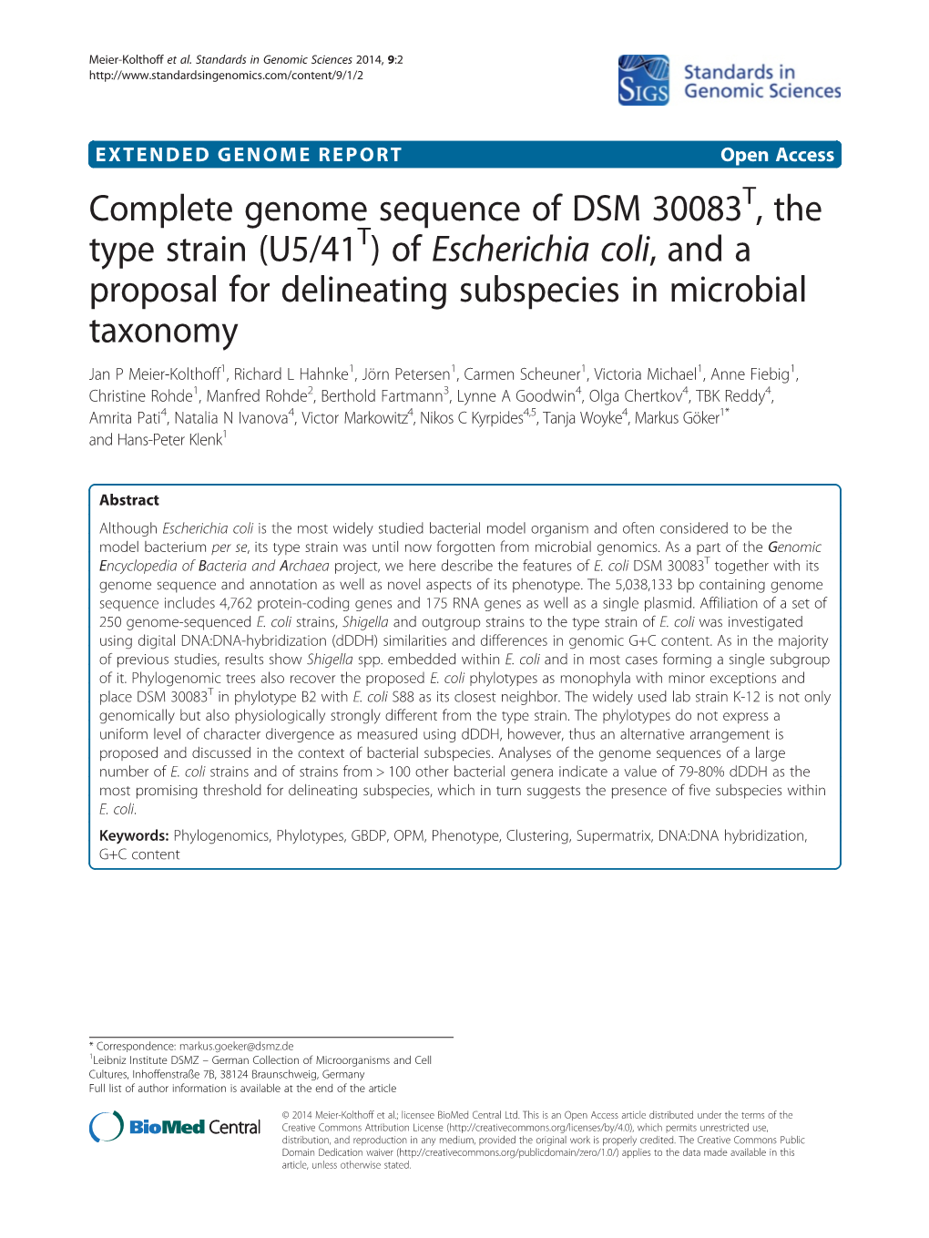 Complete Genome Sequence of DSM 30083 , the Type Strain (U5/41 ) of Escherichia Coli, and a Proposal for Delineating Subspecies