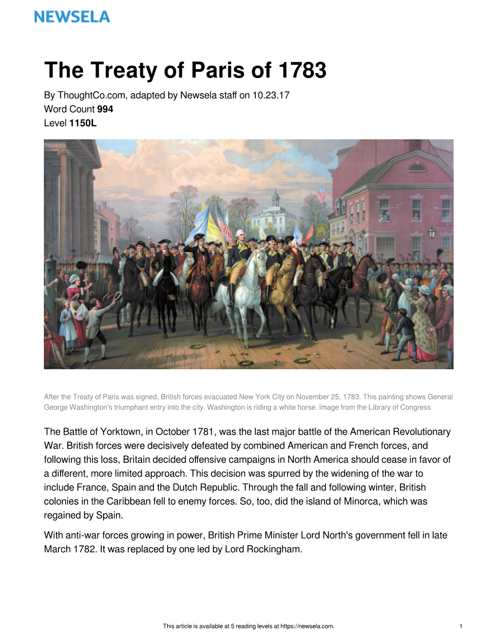 The Treaty of Paris of 1783 by Thoughtco.Com, Adapted by Newsela Staﬀ on 10.23.17 Word Count 994 Level 1150L