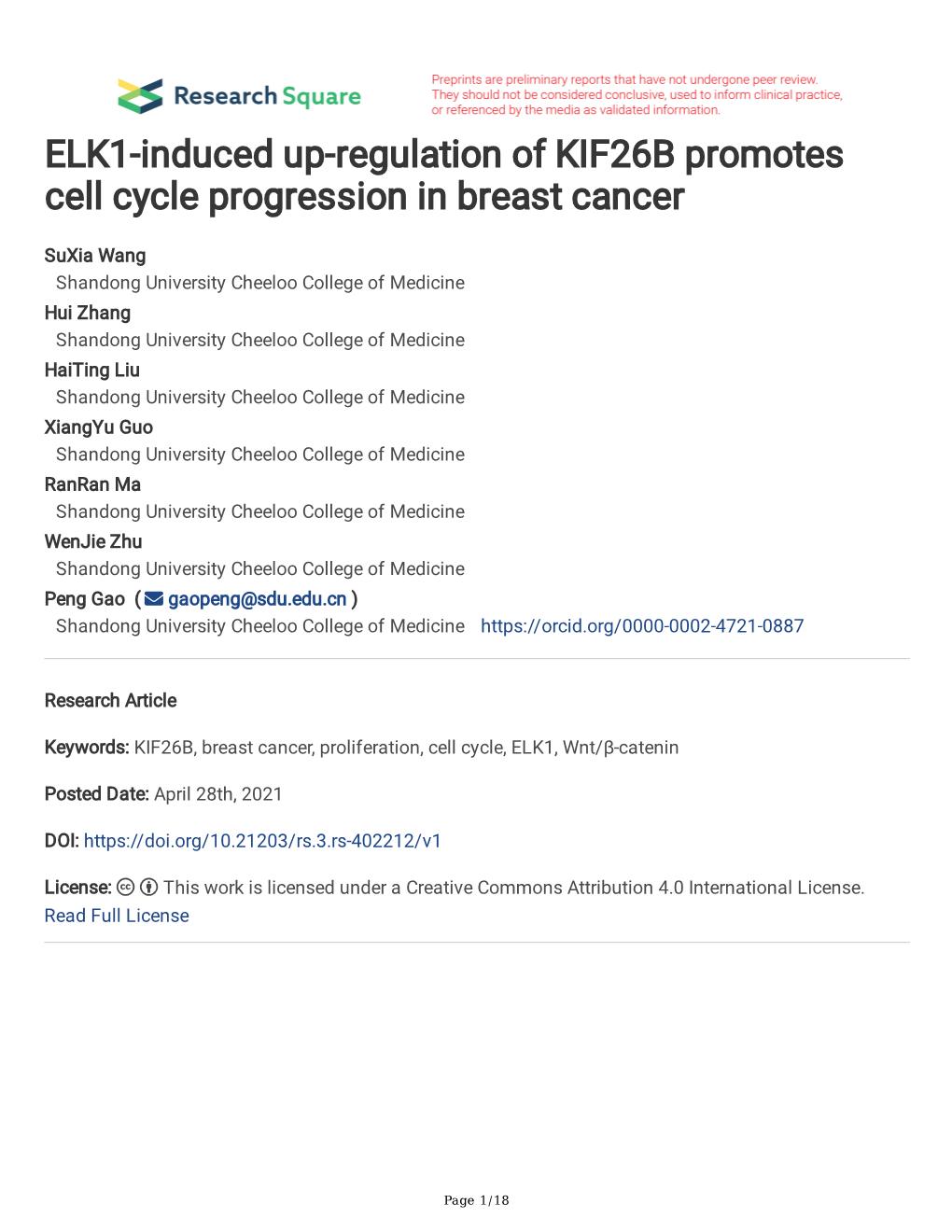 ELK1-Induced Up-Regulation of KIF26B Promotes Cell Cycle Progression in Breast Cancer