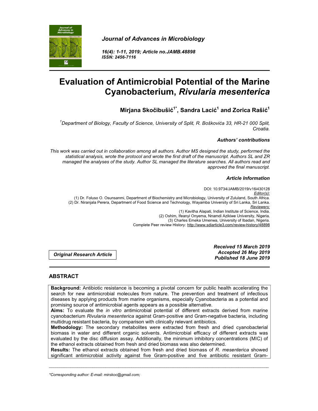 Evaluation of Antimicrobial Potential of the Marine Cyanobacterium, Rivularia Mesenterica