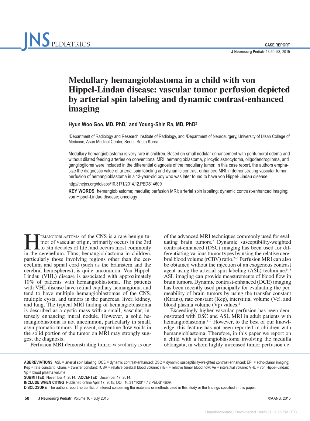 Medullary Hemangioblastoma in a Child with Von Hippel-Lindau