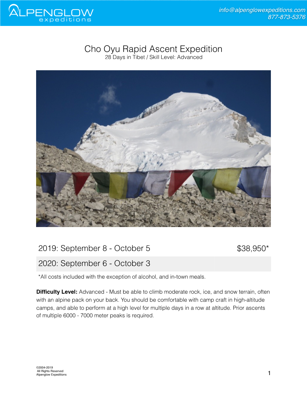 Cho Oyu Rapid Ascent Expedition 28 Days in Tibet / Skill Level: Advanced