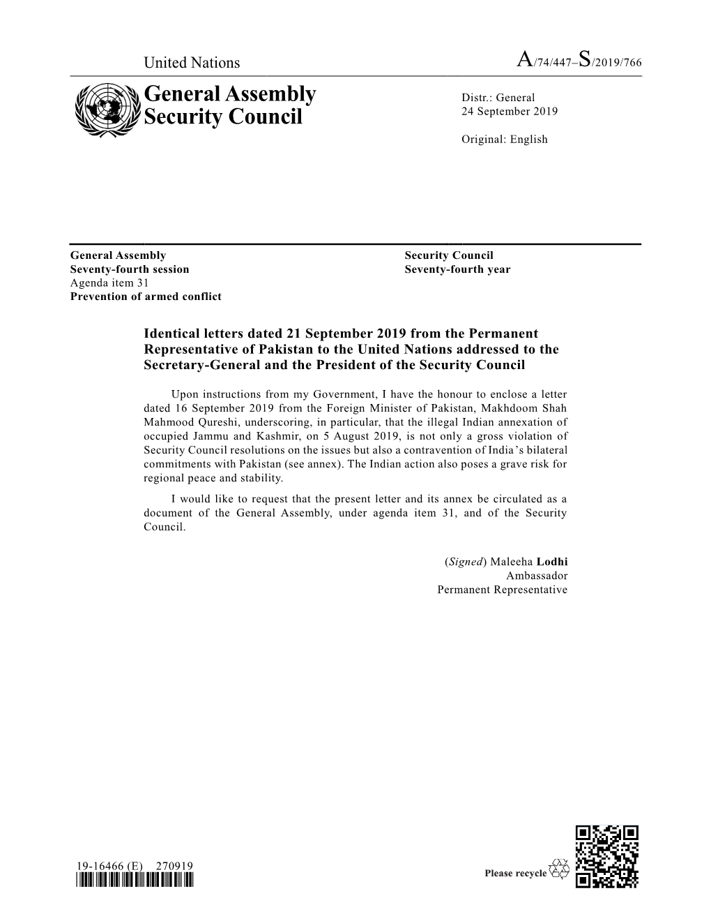 A/74/447–S/2019/766 General Assembly Security Council