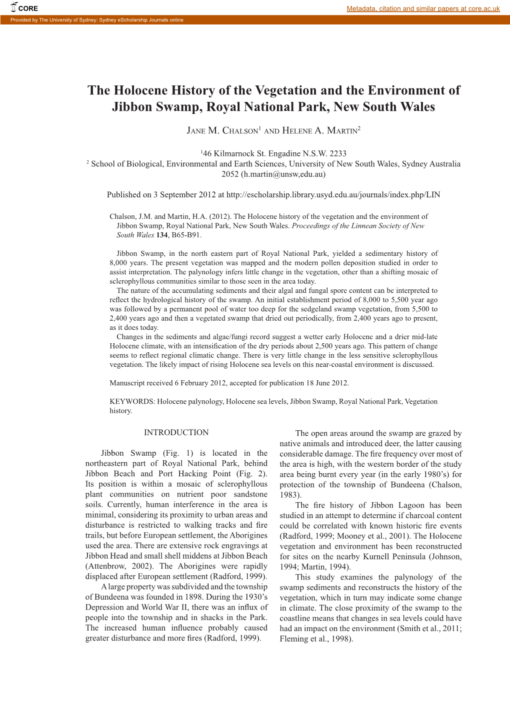 The Holocene History of the Vegetation and the Environment of Jibbon Swamp, Royal National Park, New South Wales