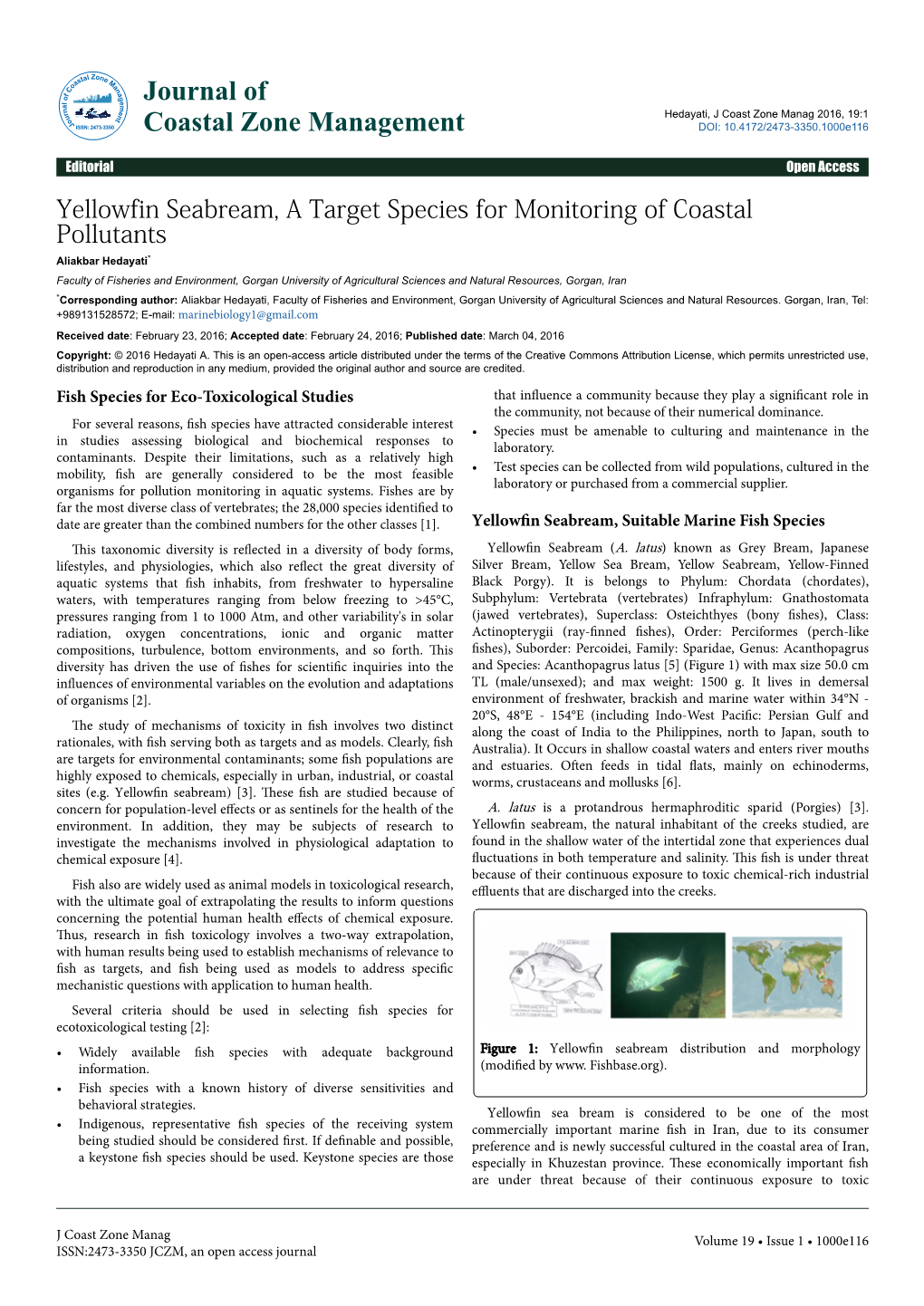 Yellowfin Seabream, a Target Species for Monitoring of Coastal Pollutants