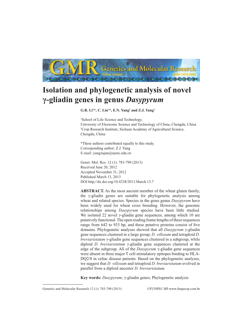 Isolation and Phylogenetic Analysis of Novel Γ-Gliadin Genes in Genus Dasypyrum