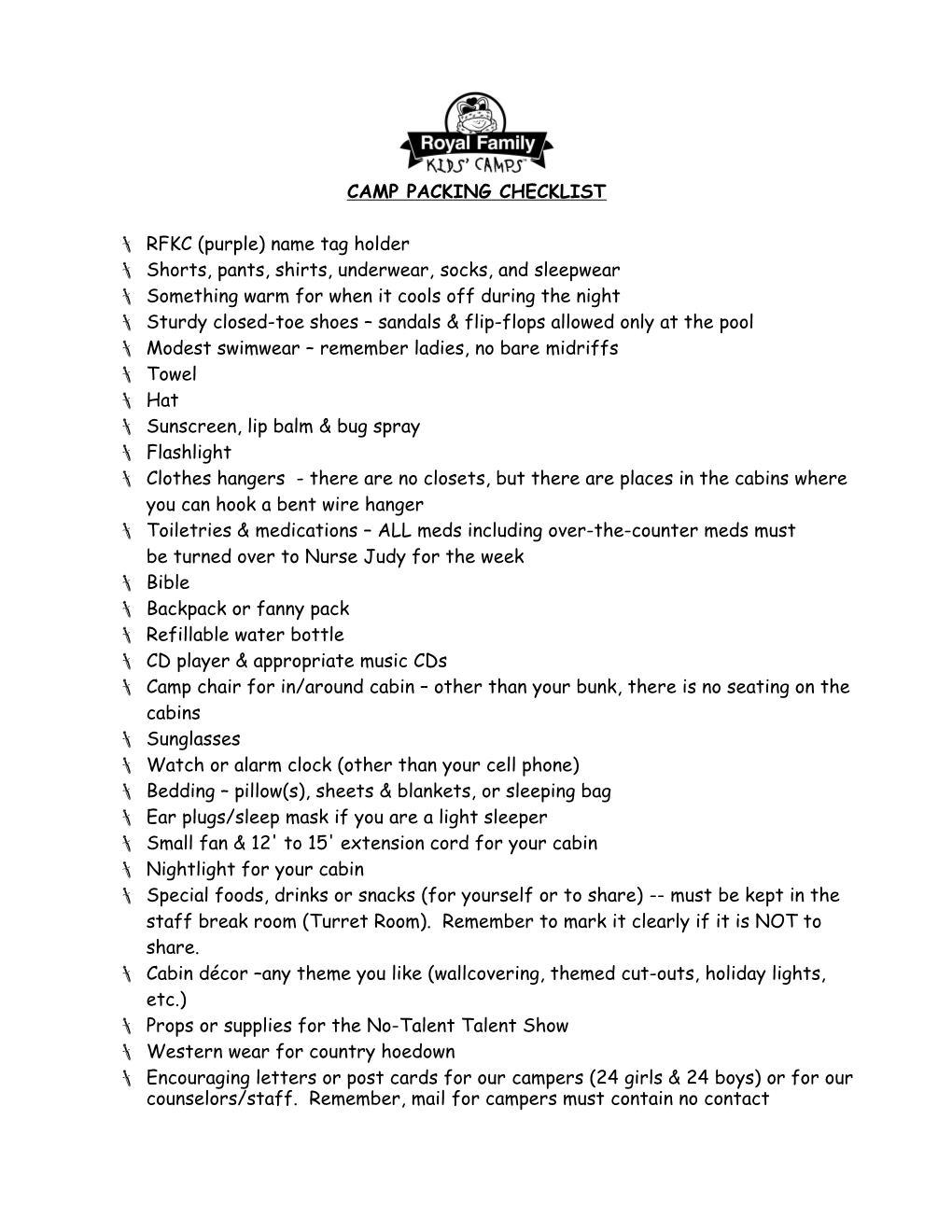 Camp Packing Checklist