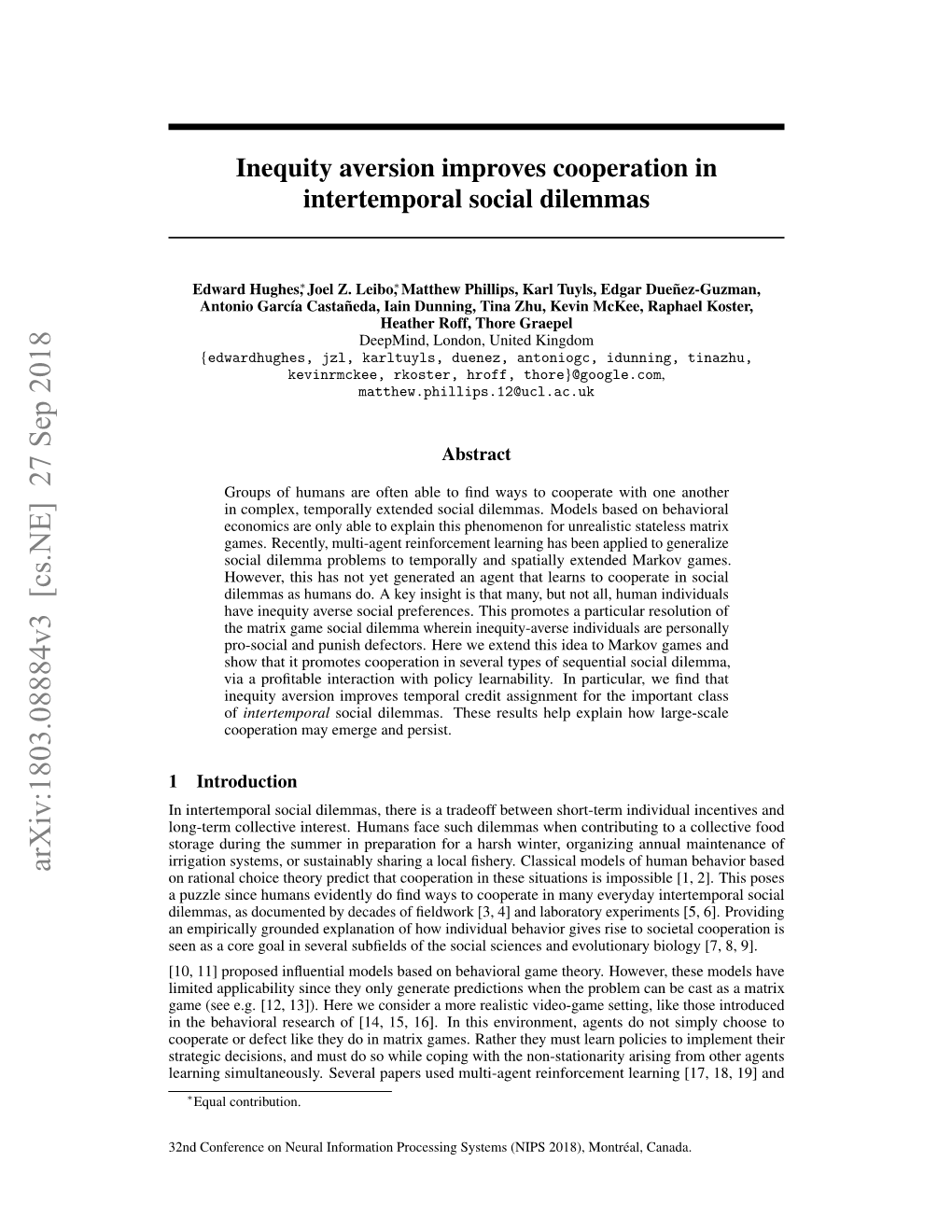 Inequity Aversion Improves Cooperation in Intertemporal Social Dilemmas