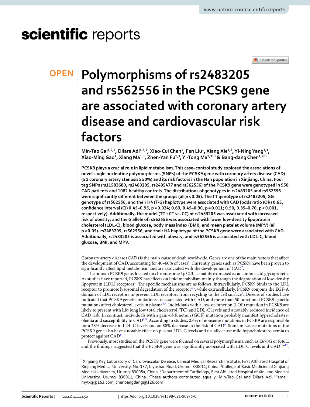 Polymorphisms of Rs2483205 and Rs562556 in the PCSK9 Gene Are