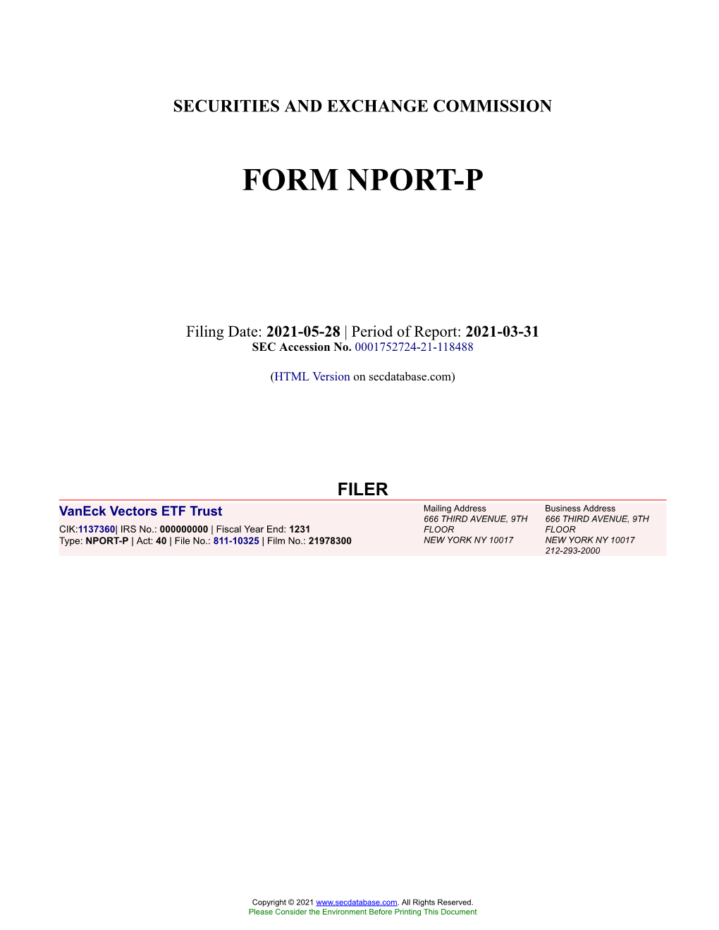 Vaneck Vectors ETF Trust Form NPORT-P Filed 2021-05-28