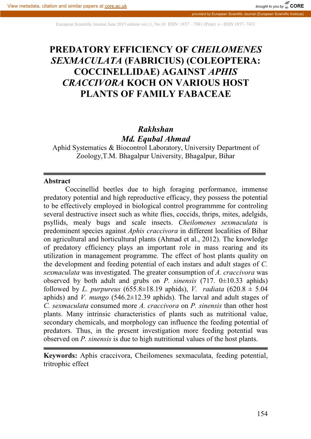 Predatory Efficiency of Cheilomenes Sexmaculata (Fabricius) (Coleoptera: Coccinellidae) Against Aphis Craccivora Koch on Various Host Plants of Family Fabaceae