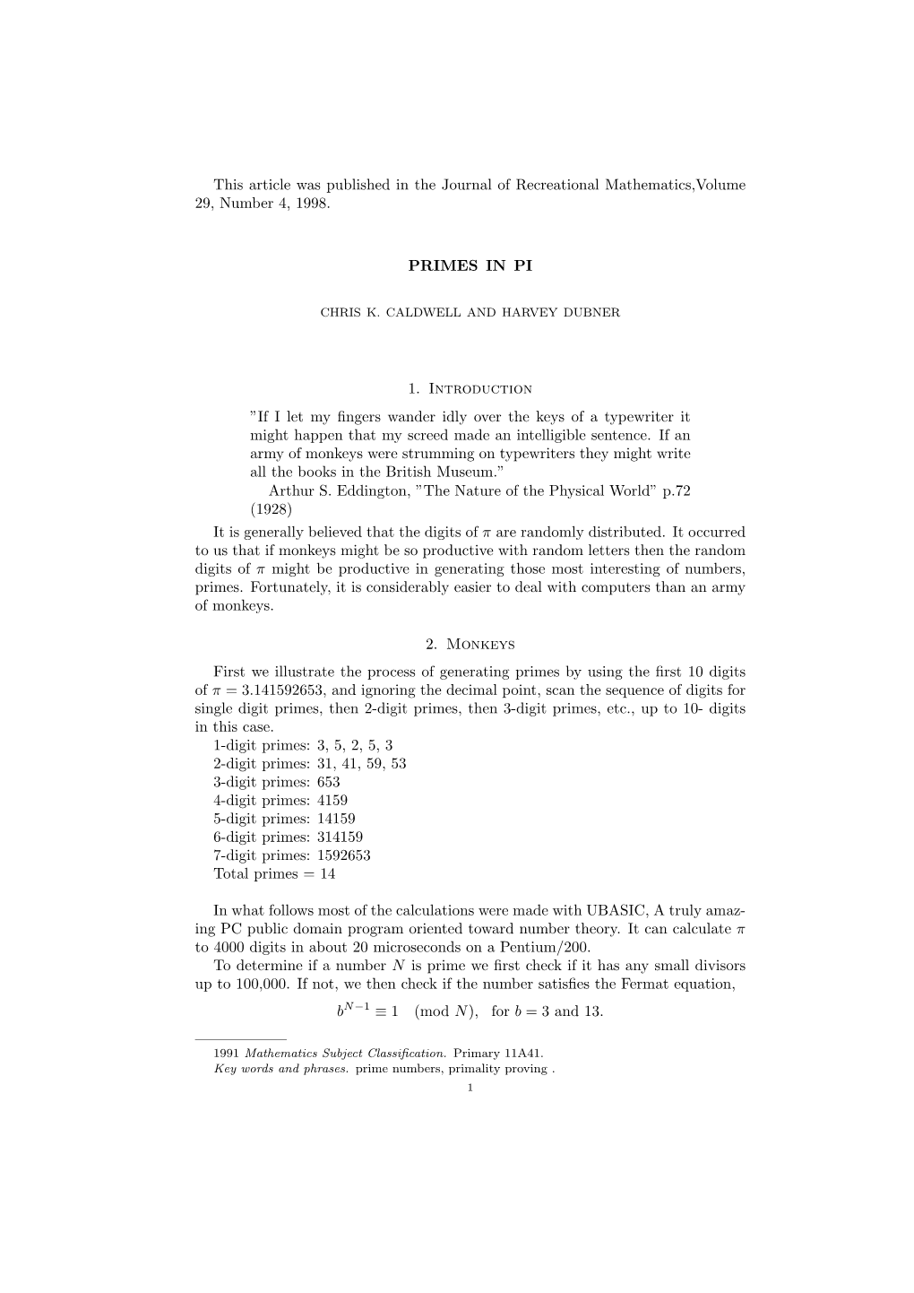 This Article Was Published in the Journal of Recreational Mathematics,Volume 29, Number 4, 1998