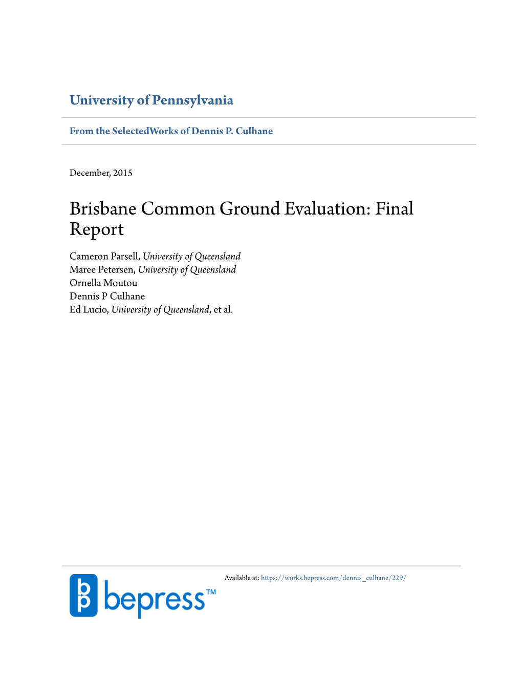 Brisbane Common Ground Evaluation: Final Report