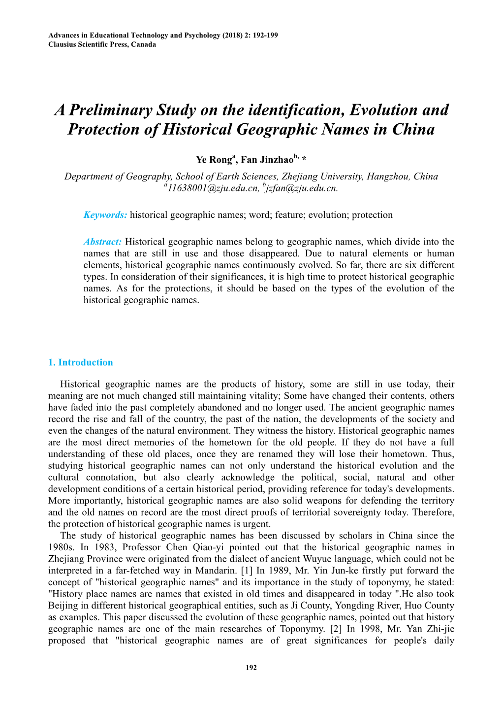 A Preliminary Study on the Identification, Evolution and Protection of Historical Geographic Names in China