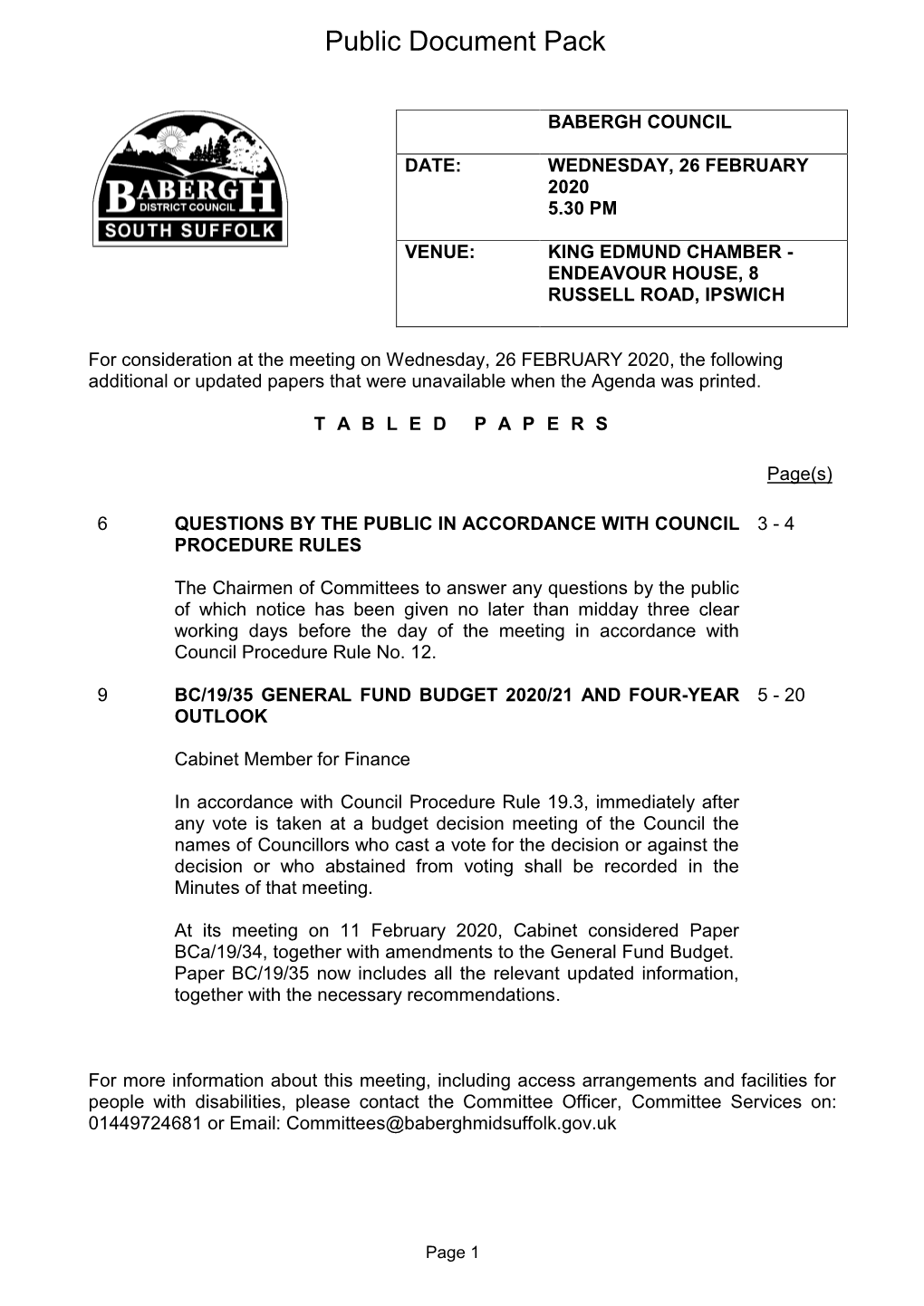 Tabled Papers Agenda Supplement for Babergh Council, 26/02/2020 17