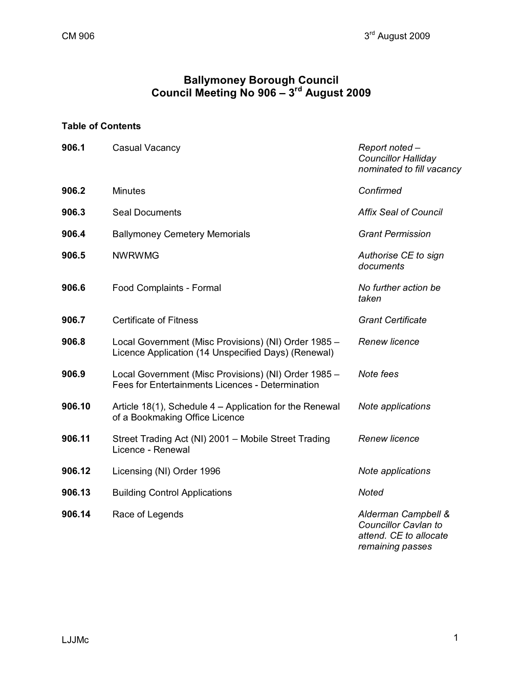Ballymoney Borough Council Council Meeting No 906 – 3 August 2009