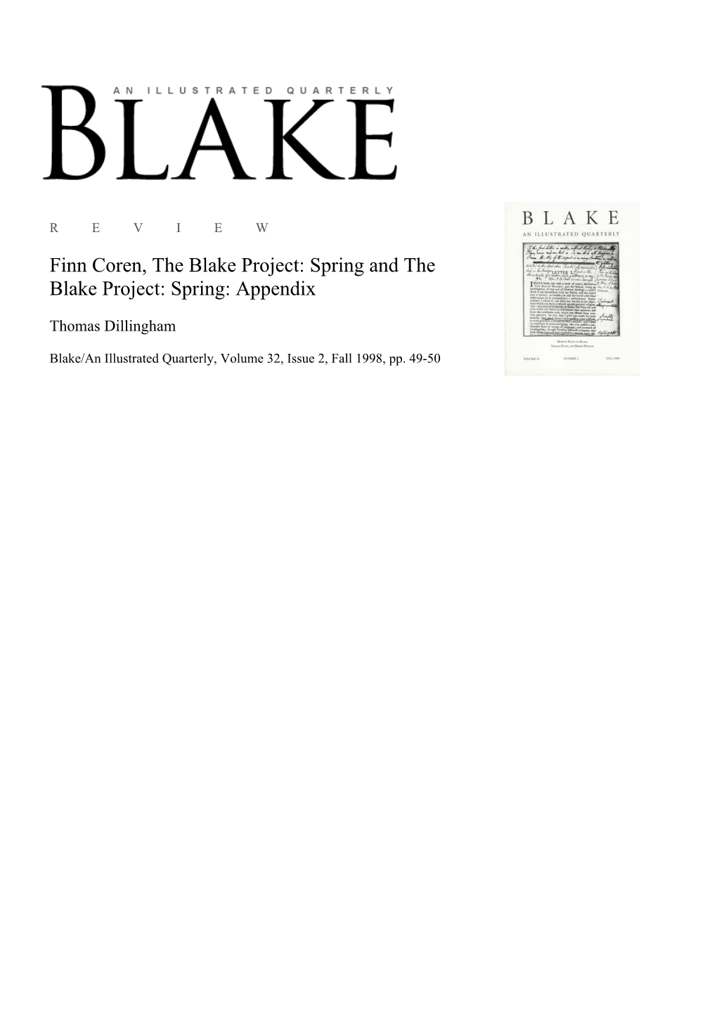 Finn Coren, the Blake Project: Spring and the Blake Project: Spring: Appendix